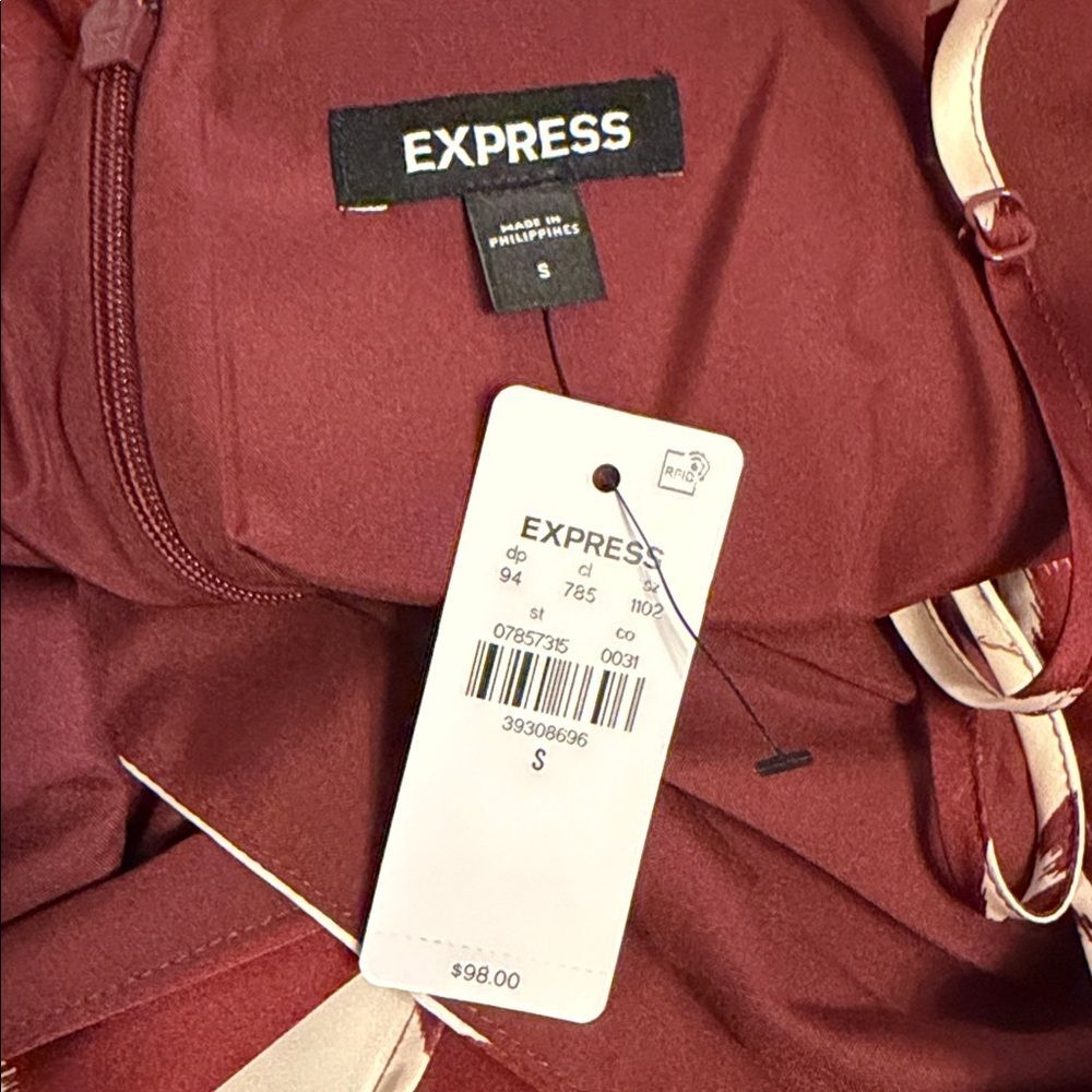 NWT Express Ikat Surplice Wrap Midi Dress Burgundy Satin Spaghetti Straps Size S - Picture 8 of 10